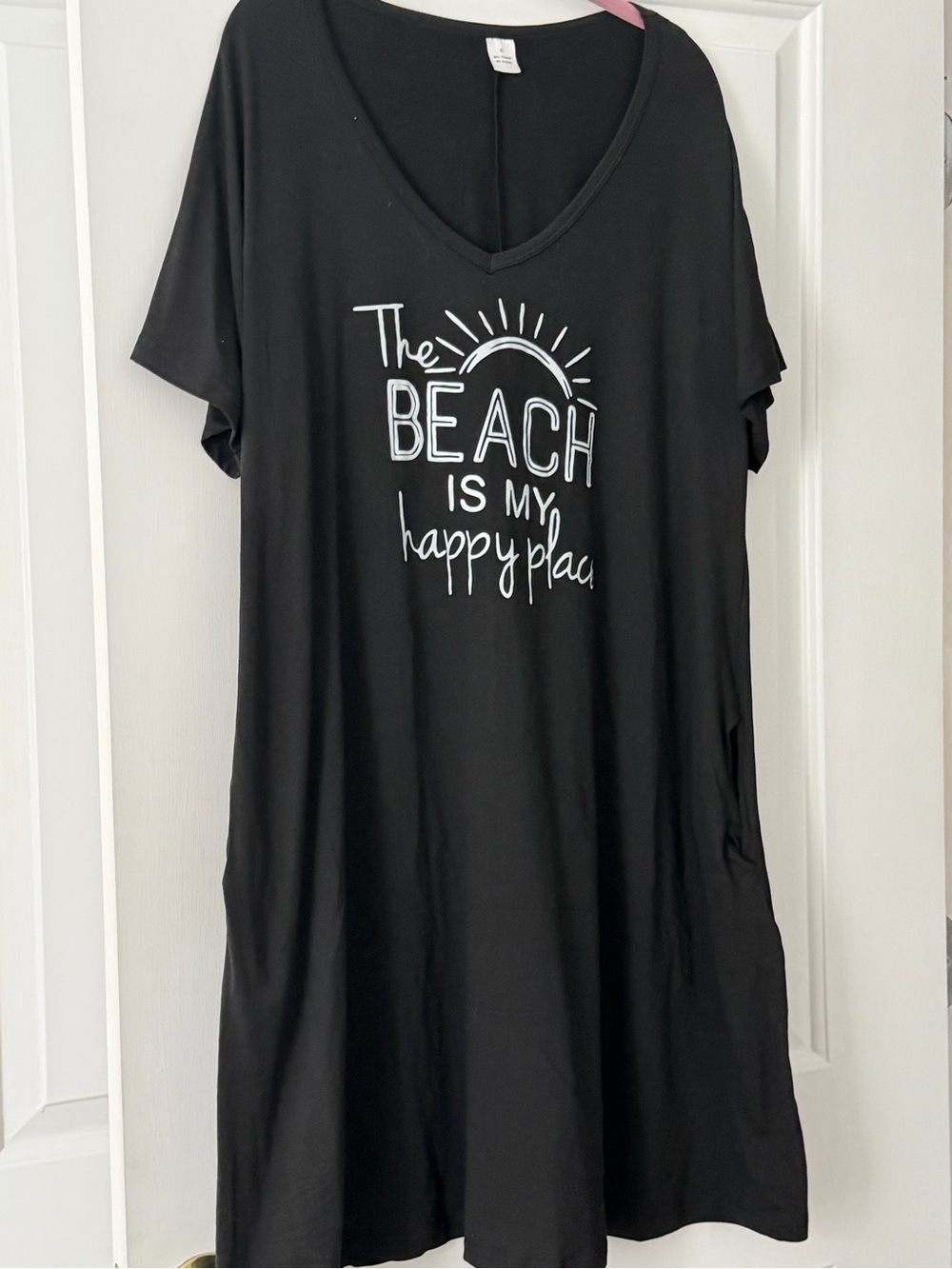 2/$13 Black Women's V-Neck Tee Swim Dress with 'The Beach Is My Happy Place'
